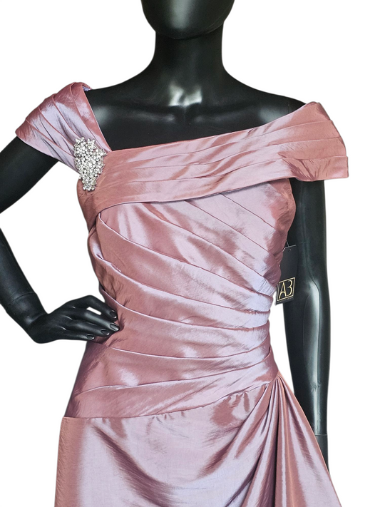 Iridescent Rose Taffeta Asymmetrical Off Shoulder Cocktail Dress - Jade