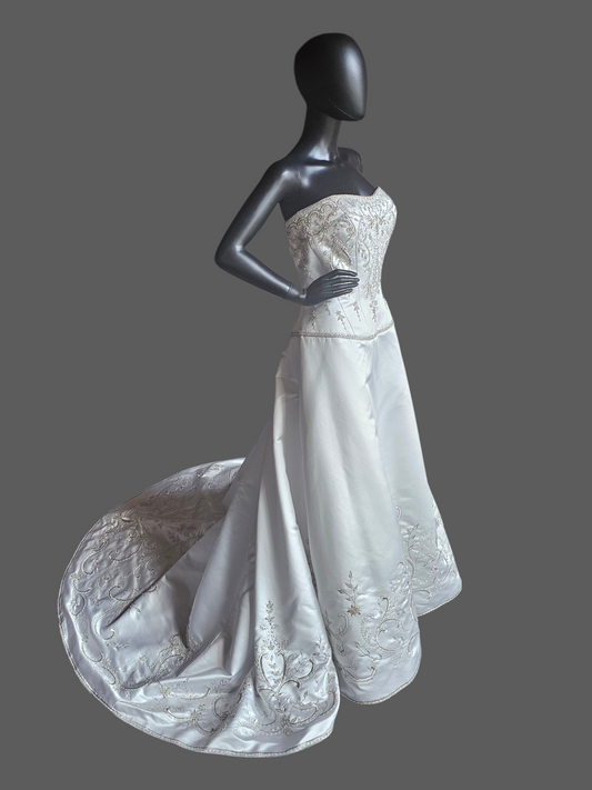 White Satin Drop Waist A-Line Wedding Gown  - Casablanca