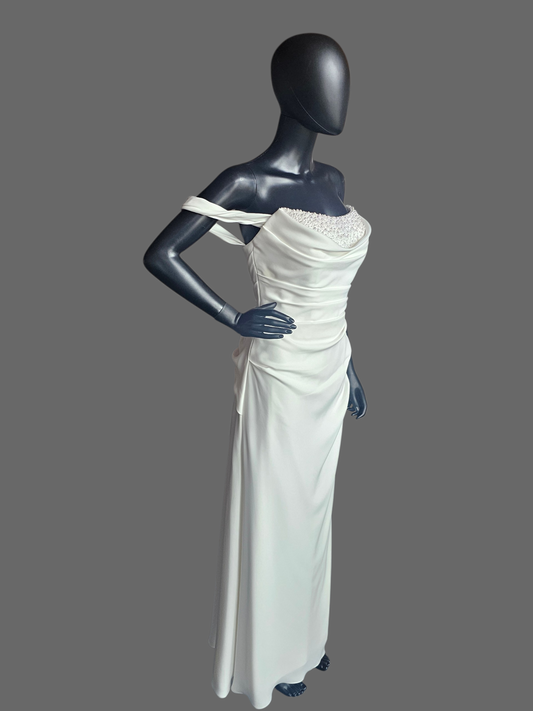 Minimalist Ivory Crepe Side Sweep Pearl Accent Wedding Gown - Martina Liana