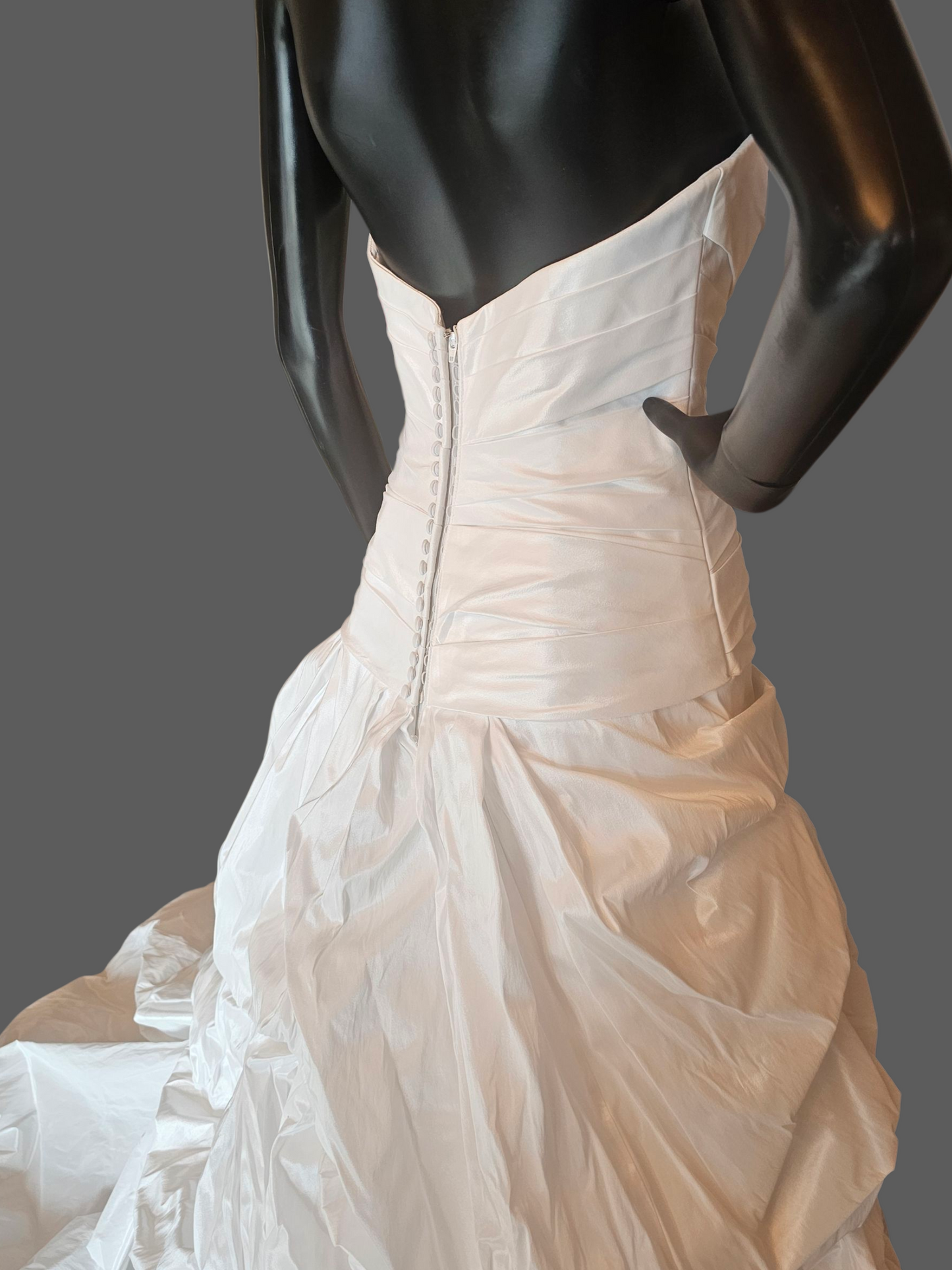 White Shimmering Taffeta Dropped Waist Ruched Undertuck Cupcake Wedding Gown - Casablanca