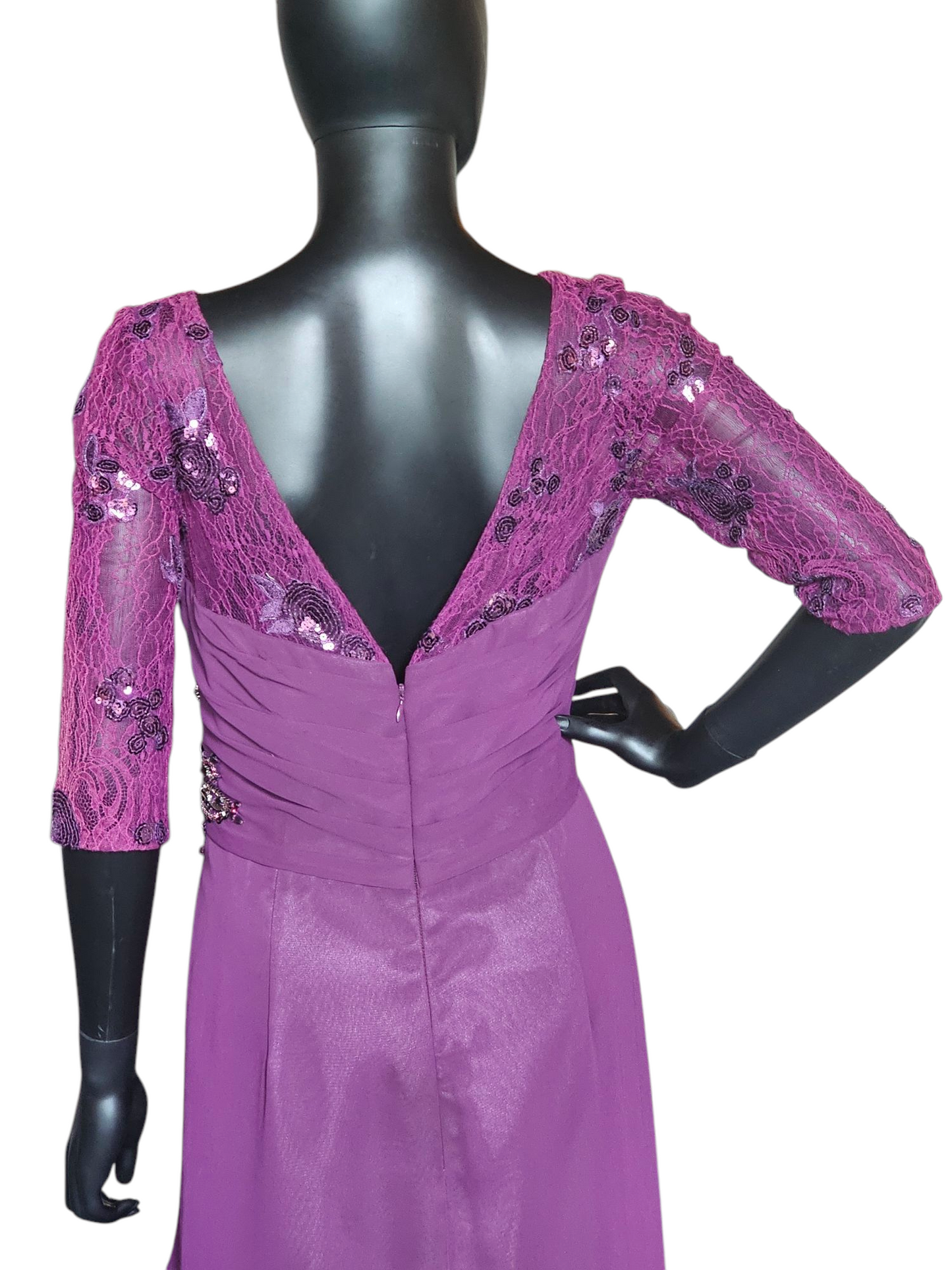 Plum Lace Sleeve Illusion Side Ruched Formal Gown - MGNY