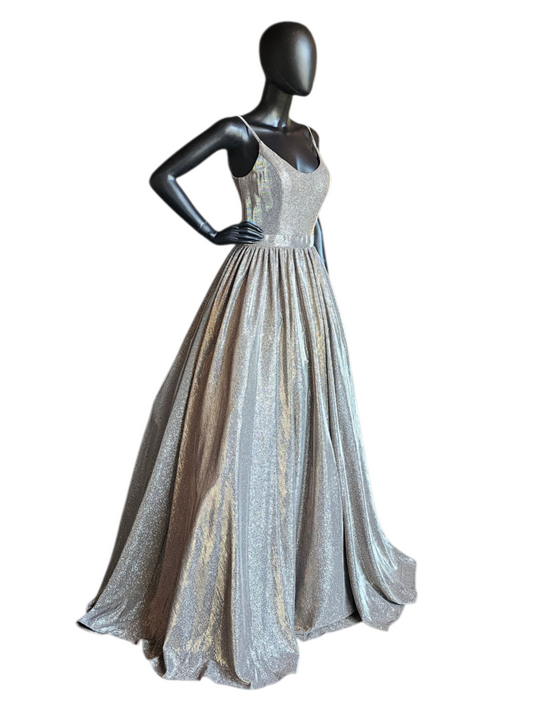 Silver Sparkle Open Back With Sew Up Detail Gathered A-Line Scoop Neck Formal/Prom Dress- Jovani