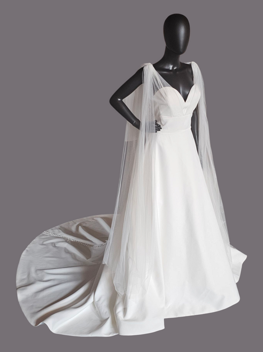 Plunge V-Neck Tulle Arm Detail Wedding Gown - Amy & Eve