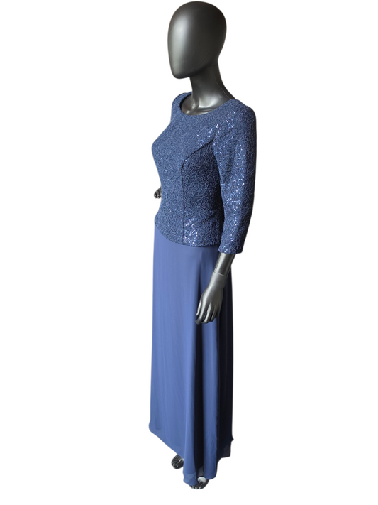 Navy Chiffon Basque Waist Sequin Long Sleeve Scoop Neck Formal/Moms Dress - Alex Evenings