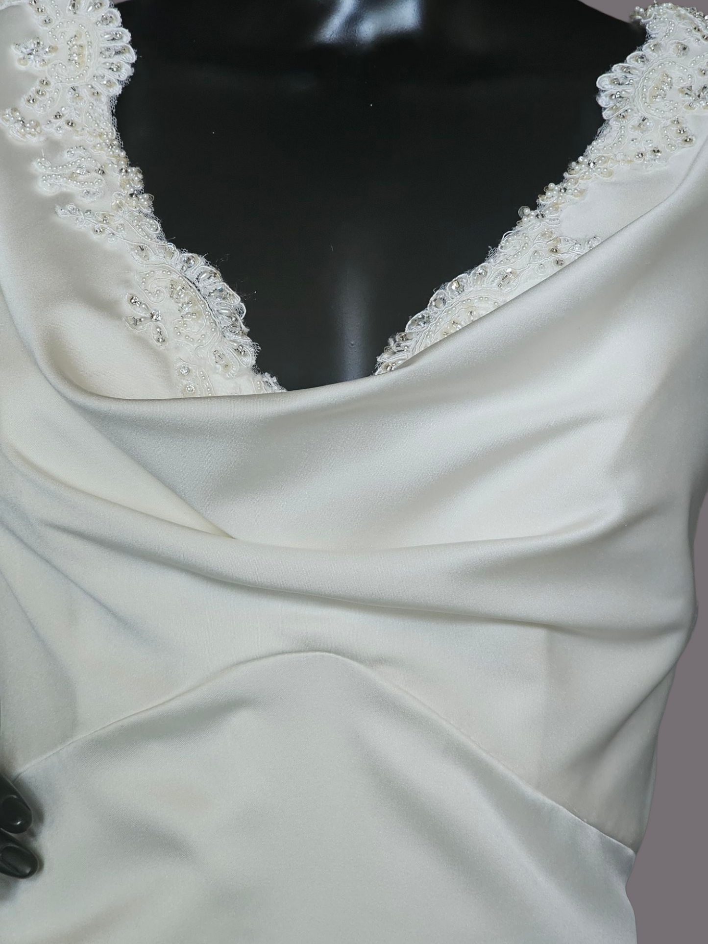 Ivory Silky Satin Cowl Neck Wedding Gown Sheath - Casablanca