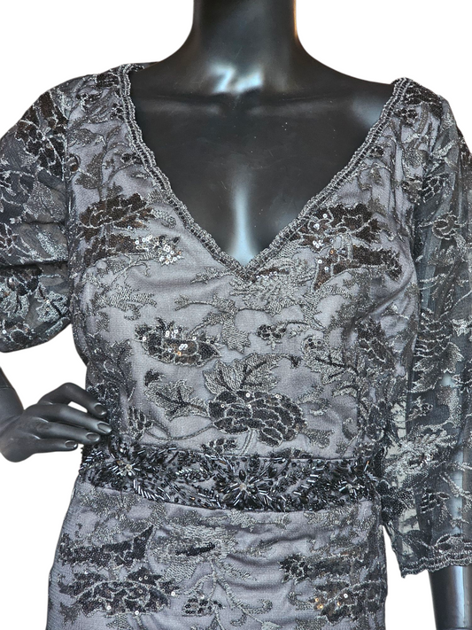 Black Floral Overlay Wide Sleeve Formal Dress - Montage