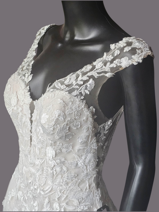 Champagne Lace V-Neck Illusion Back Wedding Gown - Mori Lee