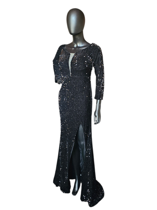 Black Sequin Fitted 3/4 Sleeve Plunge Slit Formal/Prom Dress - Miss Ord