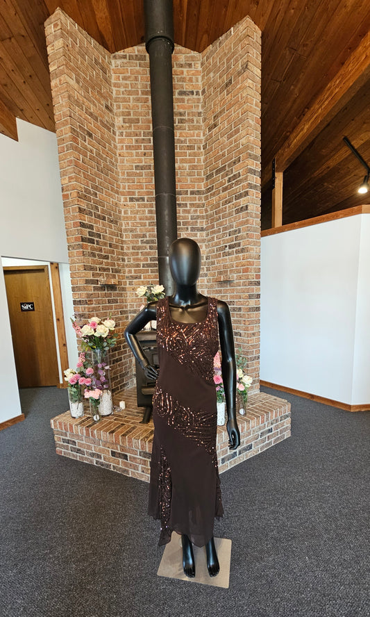 Chocolate Chiffon Sequin Accent Full Length Formal Gown