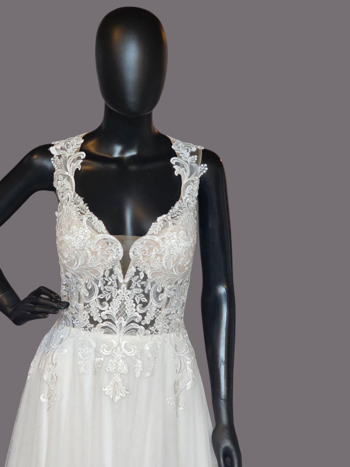 Sheer Bodice Lace Applique Illusion Plunge Wedding Gown - Justin Alexander