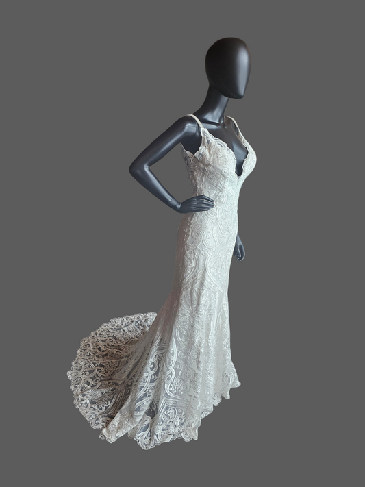 White Plunge V-Neck Lace Fit/Flare Wedding Gown - Hadley Bloom