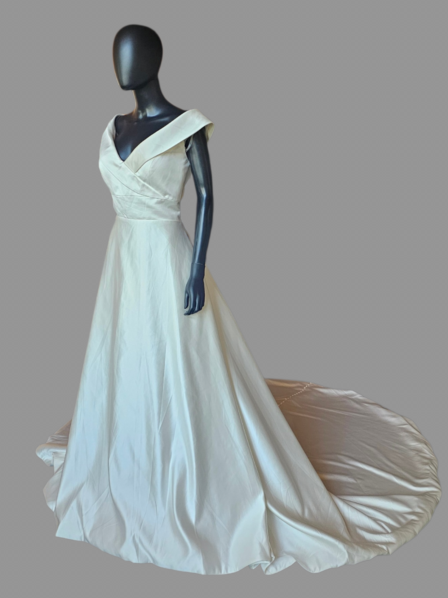 Ivory Silky Satin Simple Off Shoulder Cross V-Neck Open Back Wedding Gown - Mori Lee