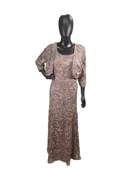 Bronze Large Scale 3D Floral Design Scoop Neck Lace W/Jacket Formal/Mom's Dress - R & M Richards