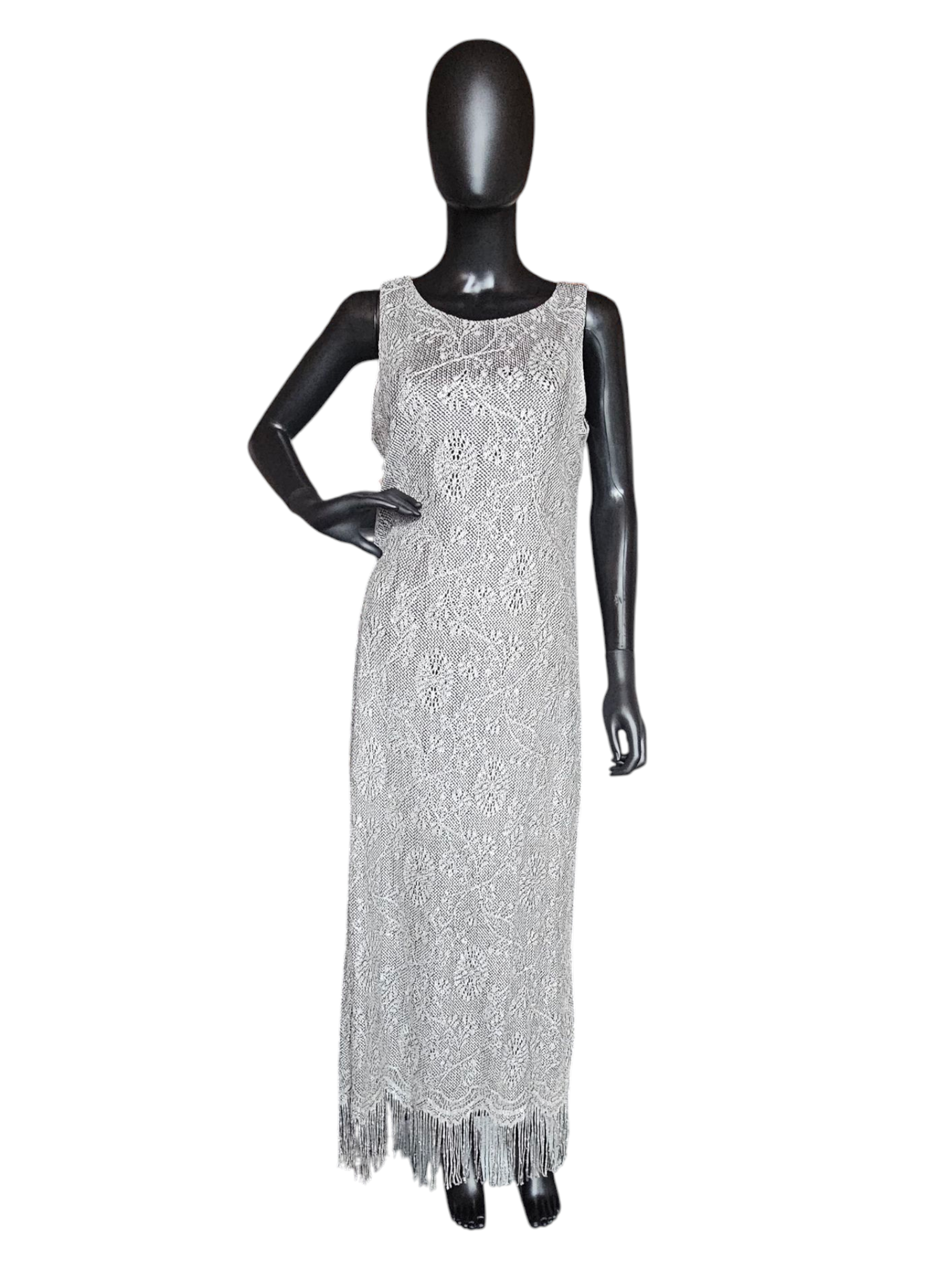 Silver Crochet Sheath/Fringe Formal Dress W/Bolero Jacket