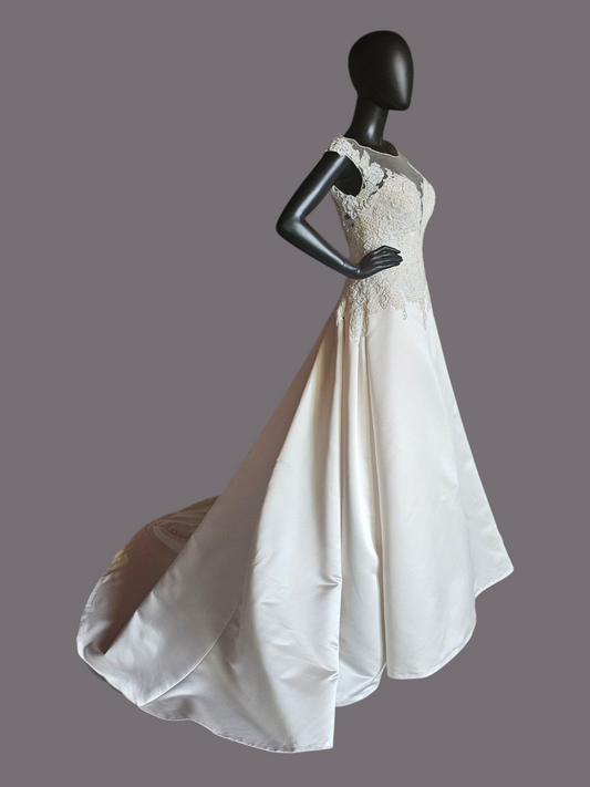 Champagne Satin Lace Illusion Plunge Bodice Open Back - Beloved