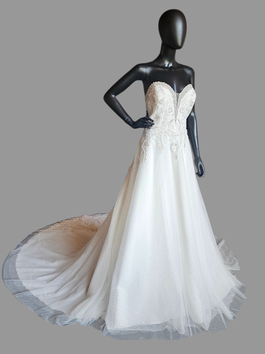 White Sparkle A-Line Strapless Sweetheart Drop Sleeve Wedding Gown - Mori Lee