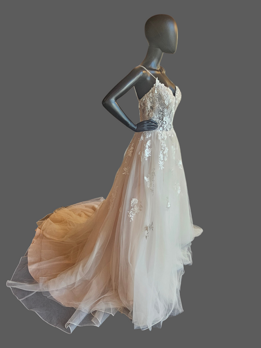 Ivory/Champagne 3D Floral Full Skirt Boho Lace Illusion Bodice Wedding Gown - Beloved