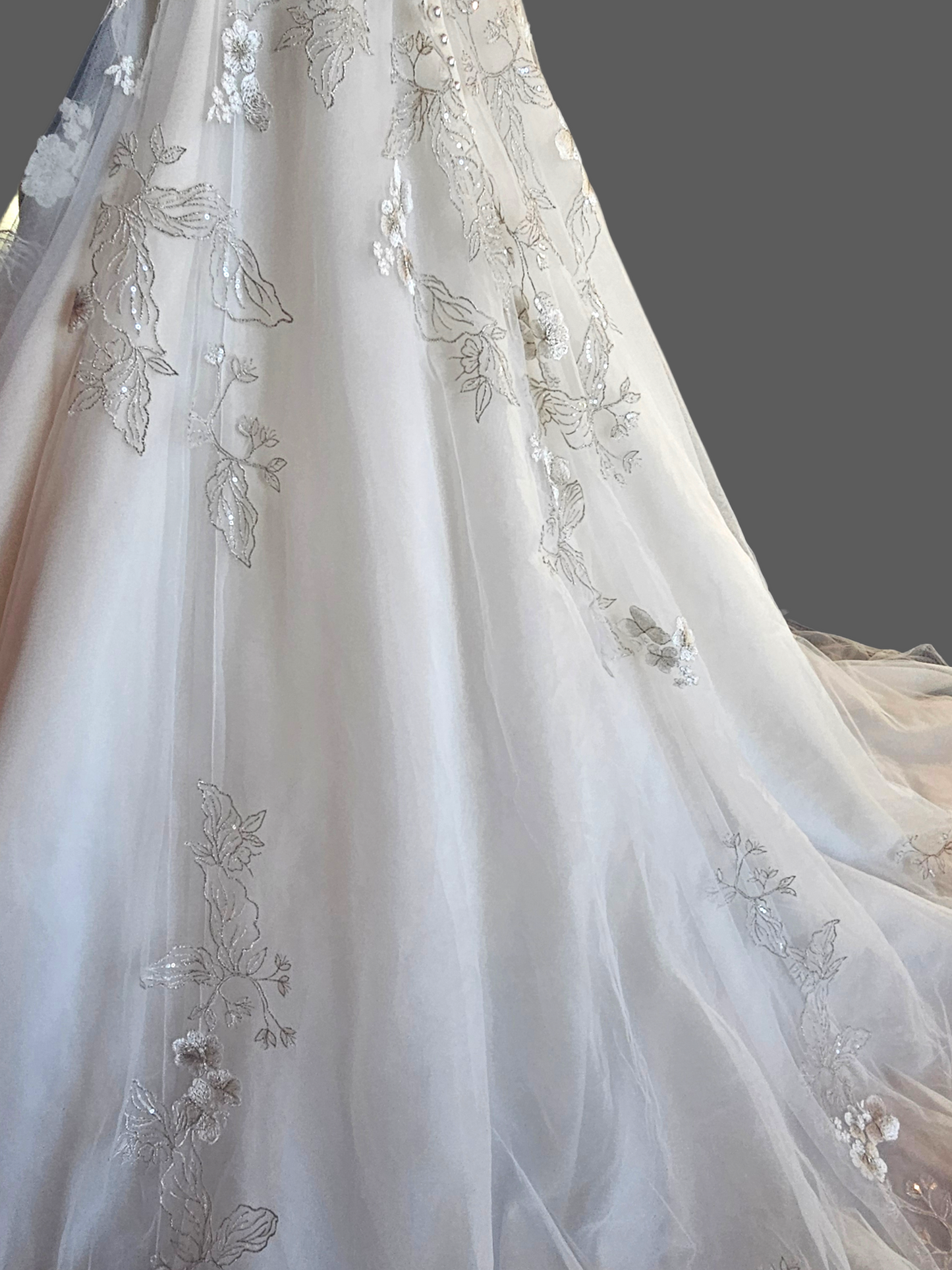 Ivory/Vanilla V-Neck Belted A-line Floral Embroidered Wedding Gown - Martin Thornburg