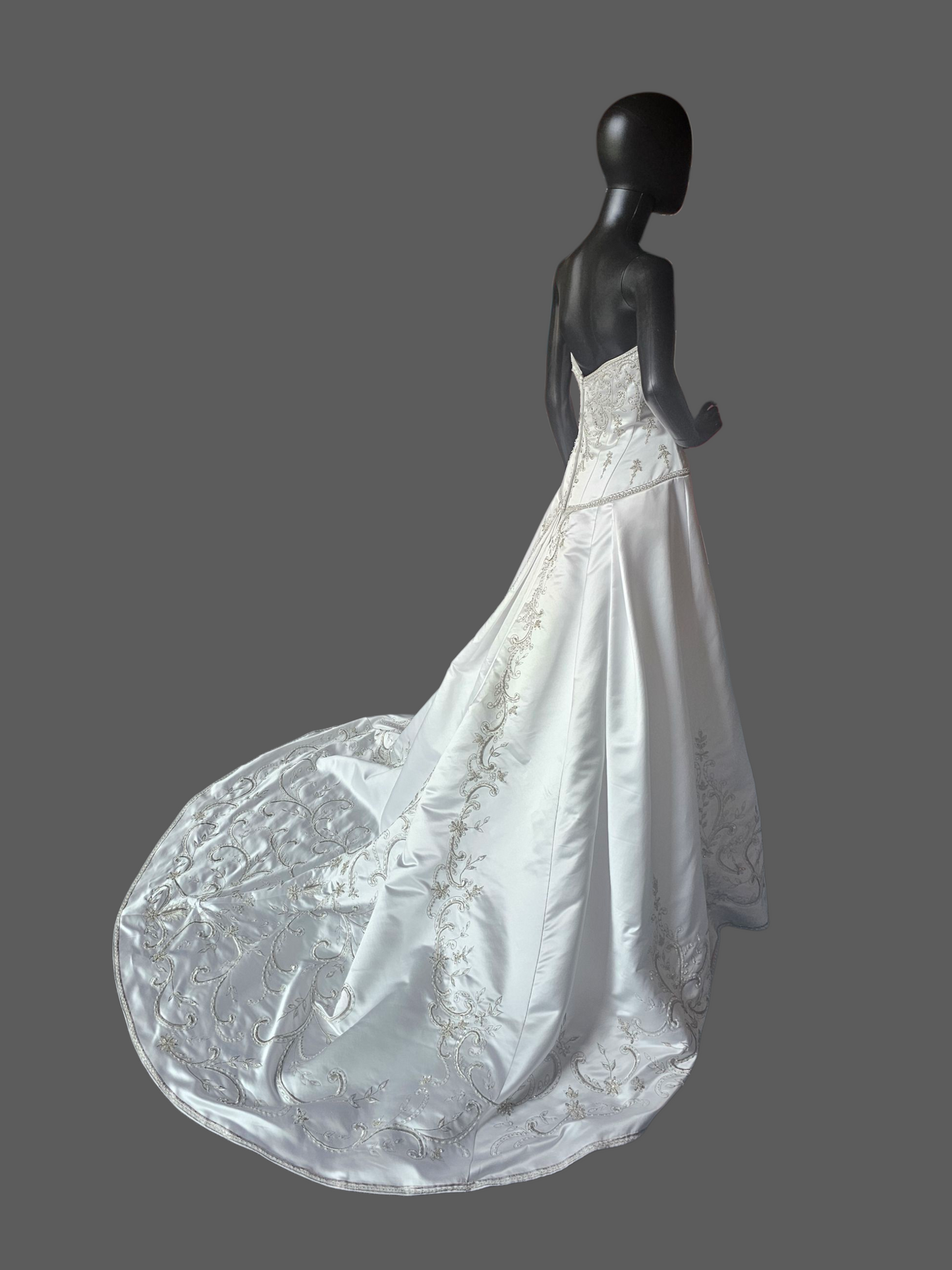 White Satin Drop Waist A-Line Wedding Gown - Casablanca