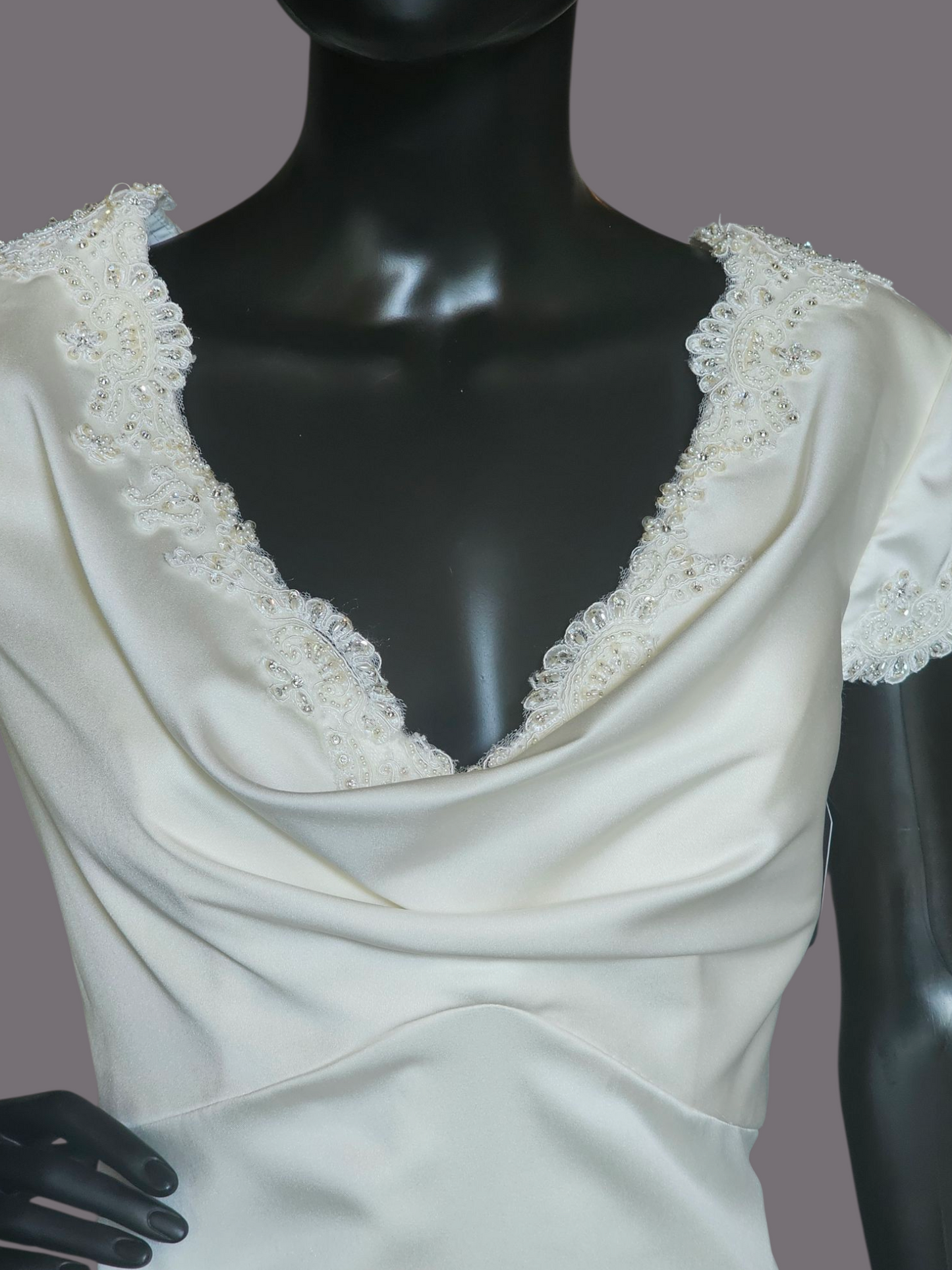 Ivory Silky Satin Cowl Neck Wedding Gown Sheath - Casablanca