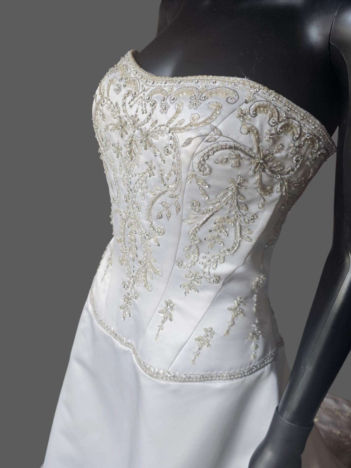 White Satin Drop Waist A-Line Wedding Gown - Casablanca