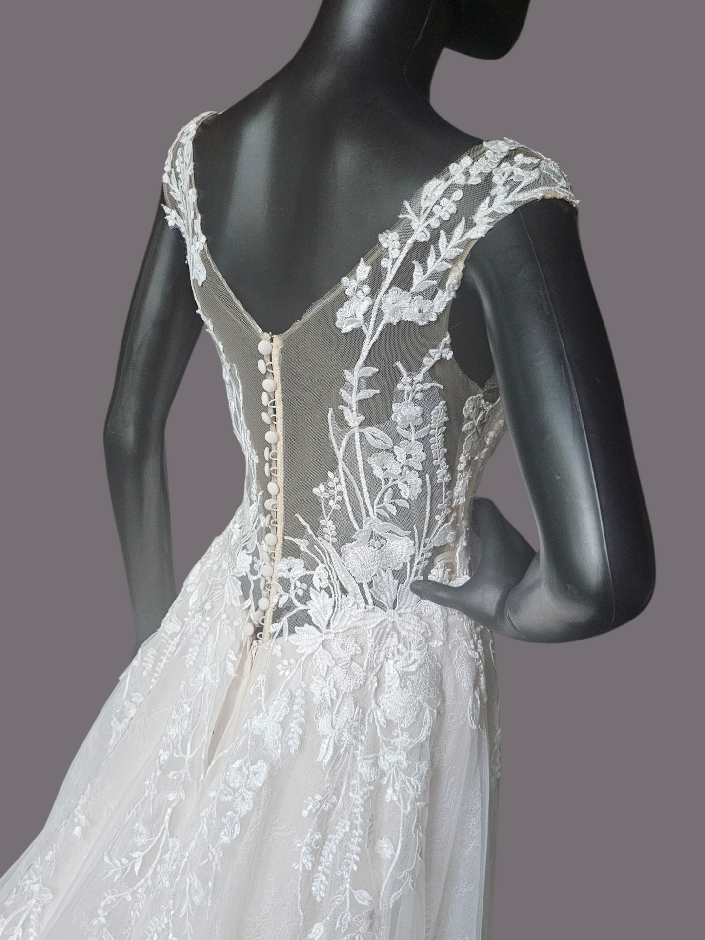 Champagne Lace V-Neck Illusion Back Wedding Gown - Mori Lee