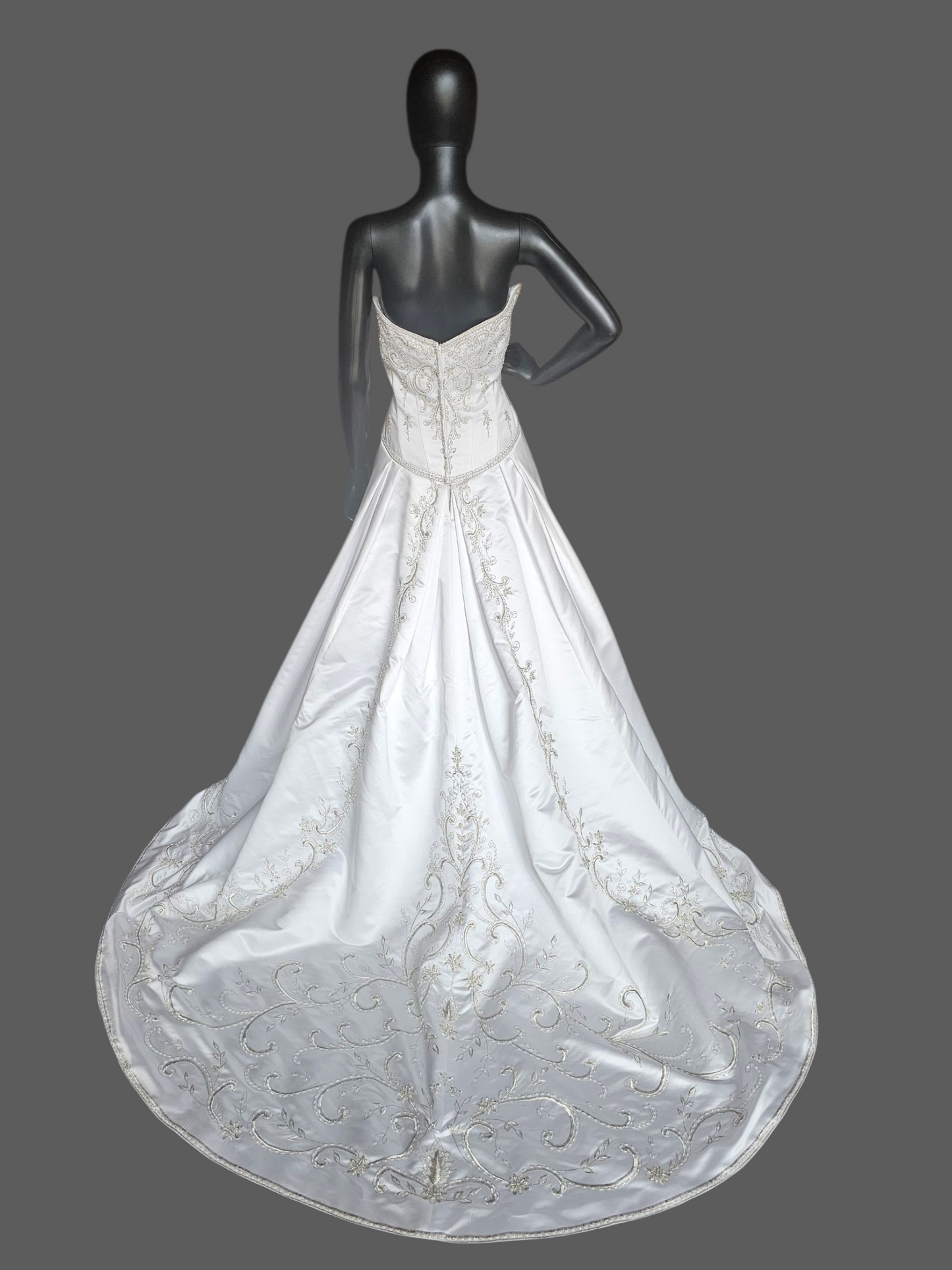 White Satin Drop Waist A-Line Wedding Gown - Casablanca