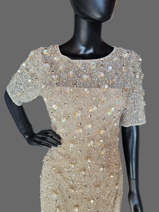 Nude Short Cap Sleeve Floral Beaded Cocktail Dress - Adrianna Papell