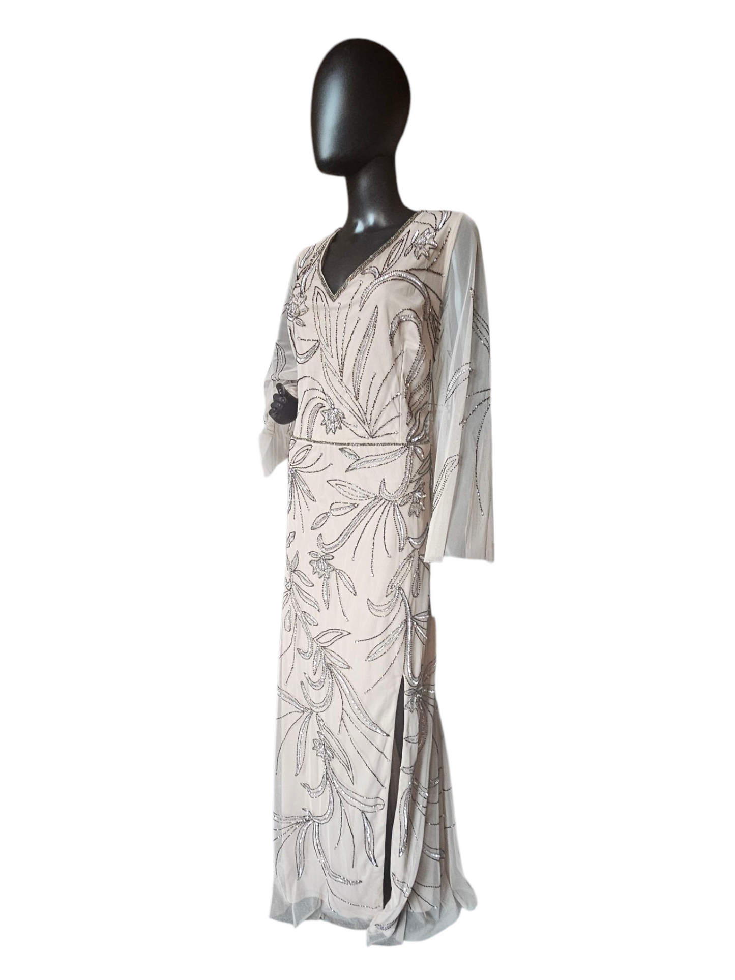 Taupe Beaded Mesh Bell Sleeve Formal Gown - Adrianna Papell