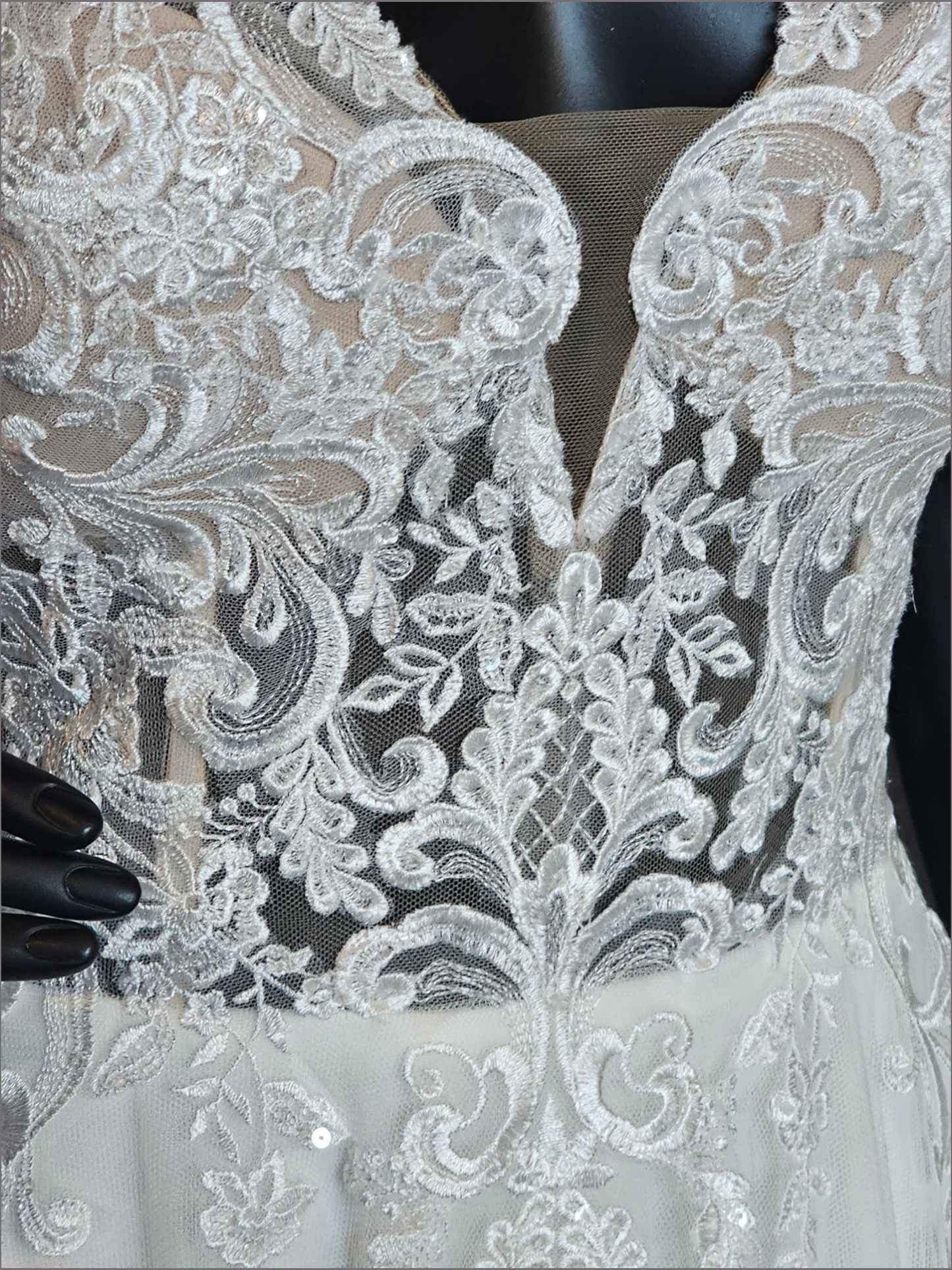 Sheer Bodice Lace Applique Illusion Plunge Wedding Gown - Justin Alexander