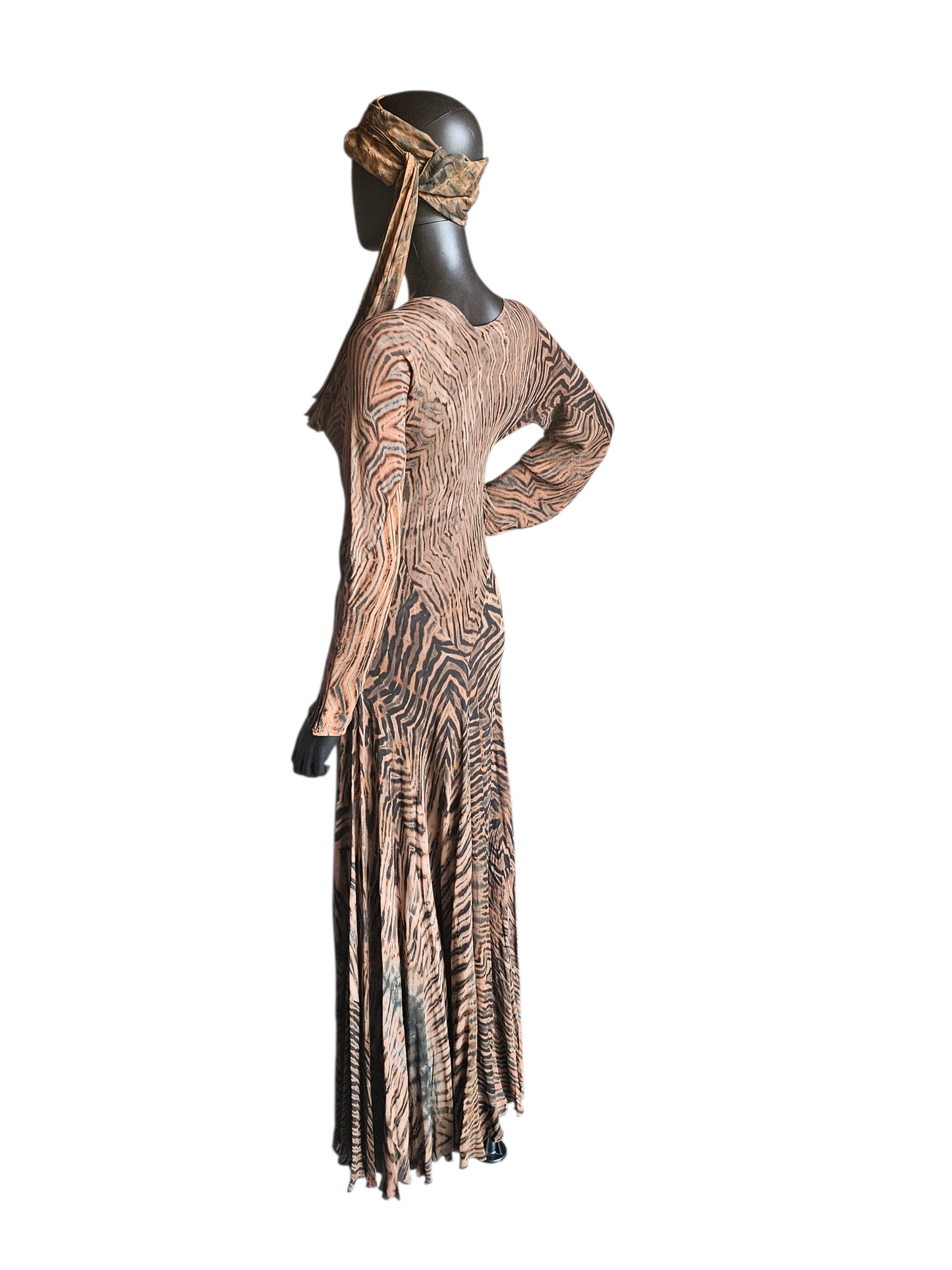 Brown/Black Shibori Silk Hand Dyed Bias Cut Maxi Swing Dress - Carter + Teri