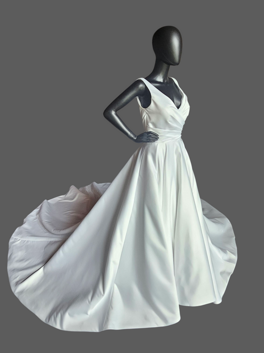 White Satin Minimalist V-Neck A-Line Wedding Gown - Da Vinci