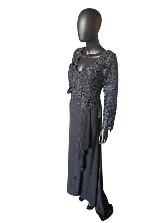 Black Open Weave Lace Long Sleeve V-Neck Formal Dress - Madeline Gardner