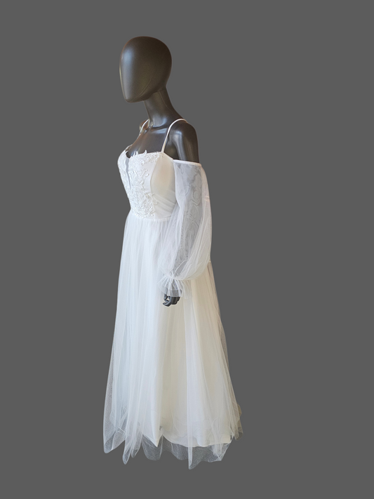 White Off Shoulder Sleeve Plunge Boho Wedding Gown - Ever Pretty