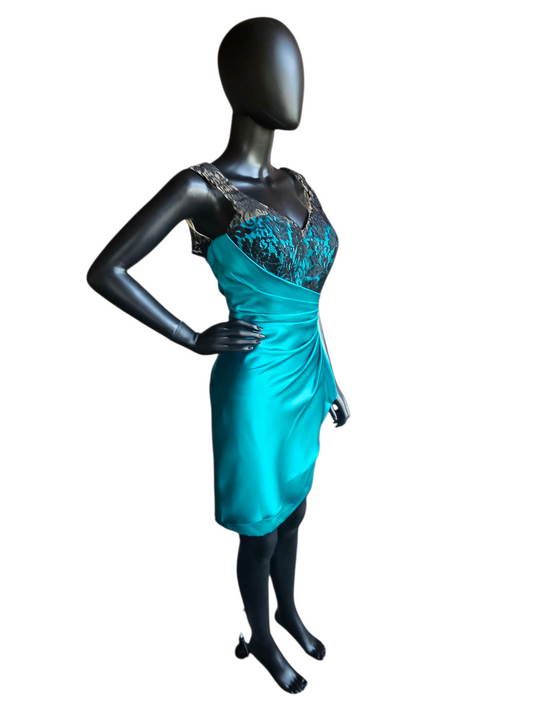 Teal Satin/Black Lace Cocktail/Party Dress - Da Vinci