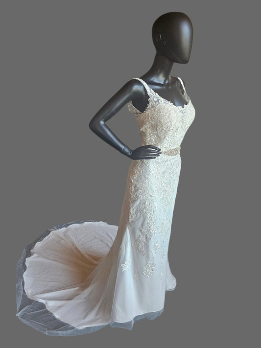 Lace V-Neck Belted Fit/Flare Wedding Gown - DaVinci