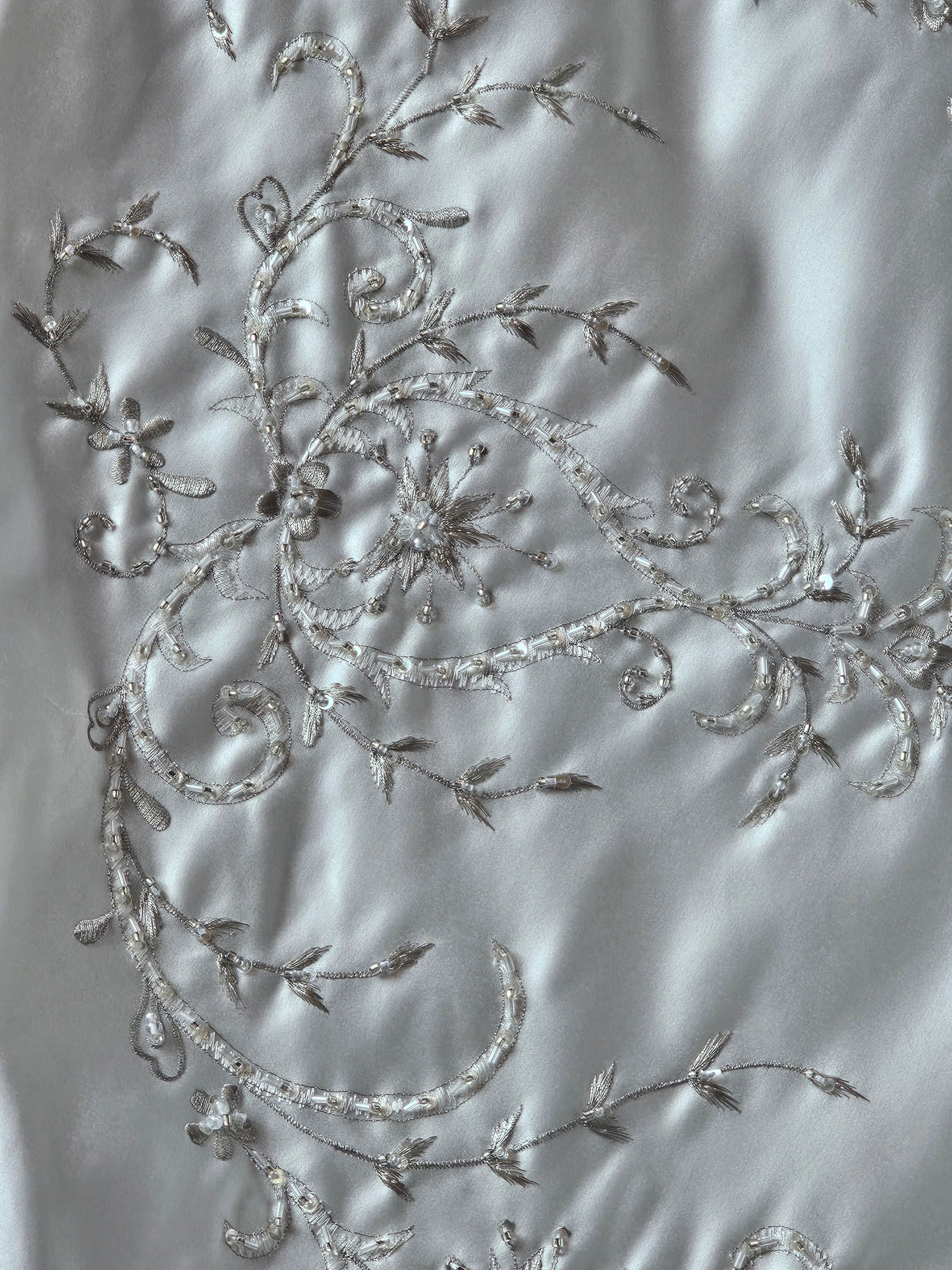 Ivory Satin Strapless Basque Waist Embroidered Wedding Gown - Signature