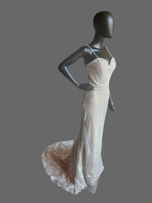 Nude Art Deco Inspired Embroidered Sequin Fit/Flare Wedding Gown - Davinci