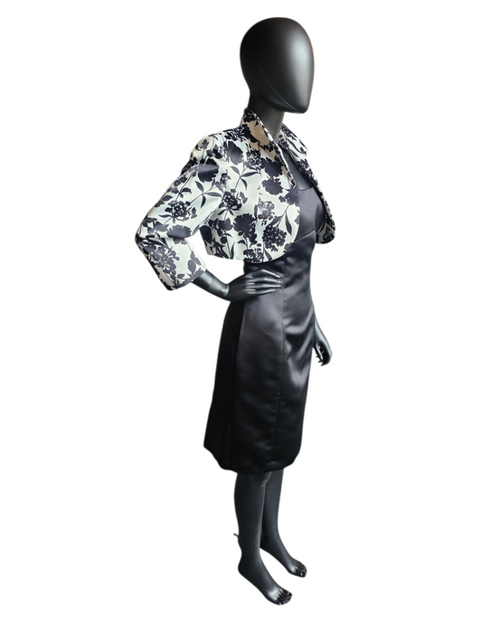 Black/White Floral Satin Cocktail Dress & Cropped Jacket - Tahari