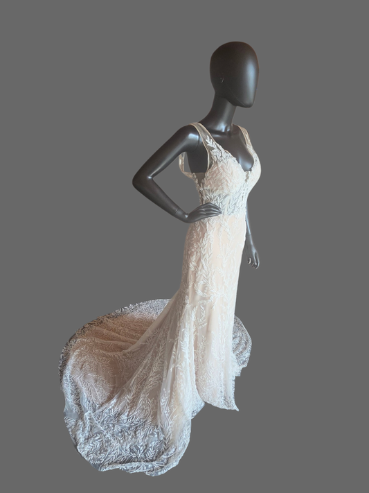 Nude/Ivory Beaded Floral V-Neck Illusion Bodice Fit/Flare Wedding Gown - Justin Alexander