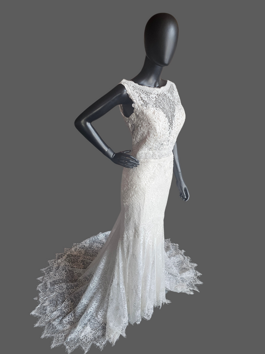 Boatneck Lace Ivory Fit/Flare Boho Wedding Gown - Lillian West