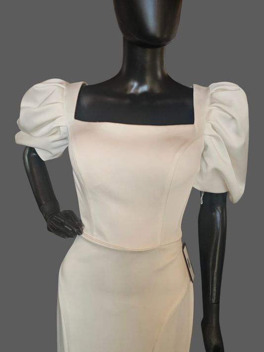 Ivory Silky Satin Fitted Square Neck Puff Sleeve Minimalist Wedding Gown - Casablanca