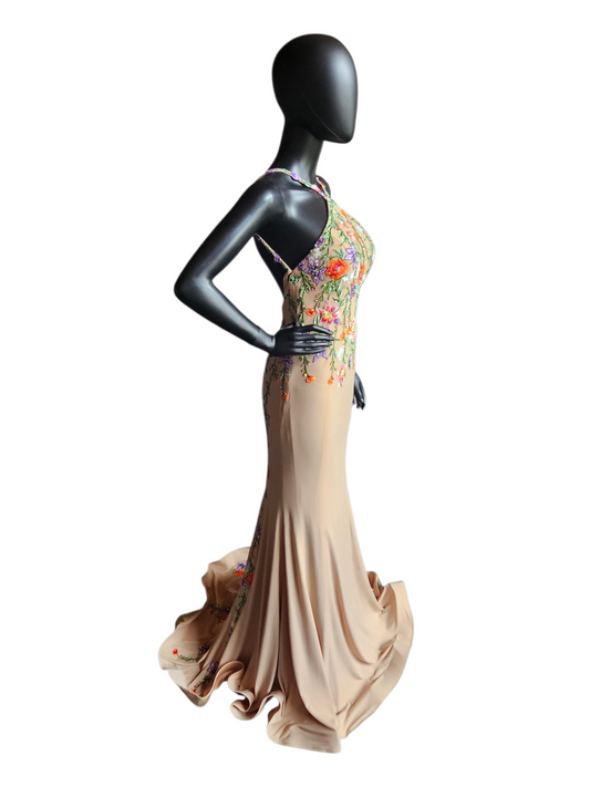 Nude/Multi Floral Halter Stretch Jersey Fit/Flare Formal Dress NWT - Jovani