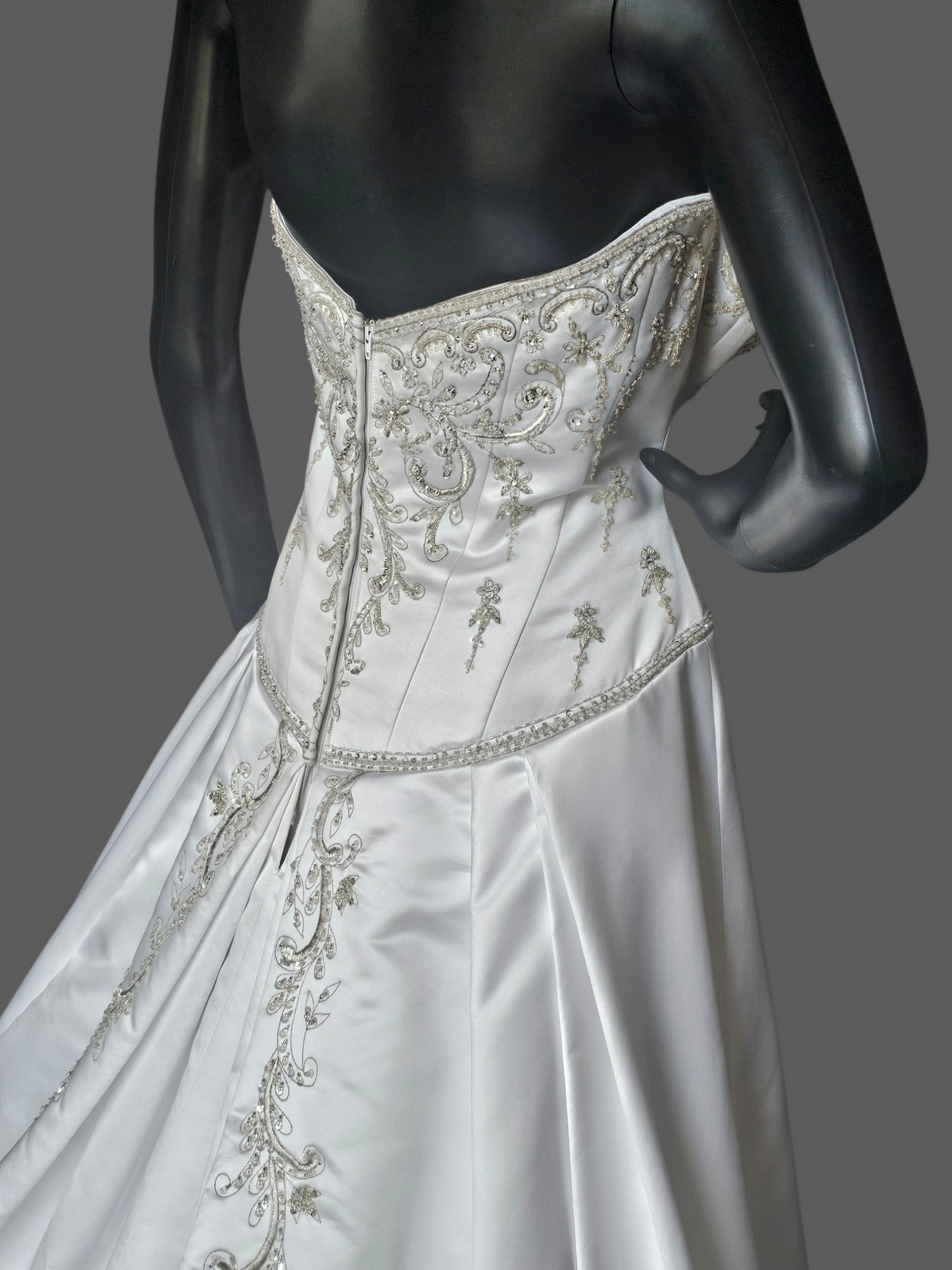 White Satin Drop Waist A-Line Wedding Gown - Casablanca