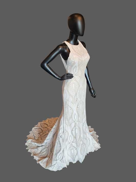 Boho Open Weave Lace Racer Halter Open Back Fitted Wedding Gown - Wilderly Bride