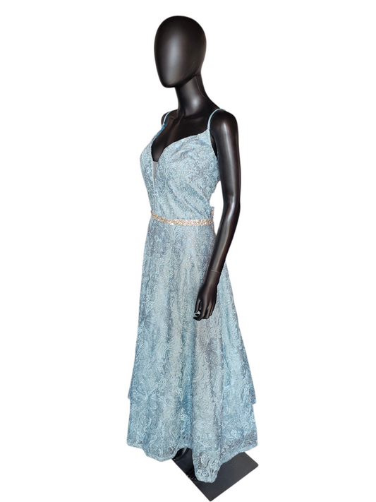 Steel Blue Lace Belted Plunge A-line Formal Dress - LA Merchandise