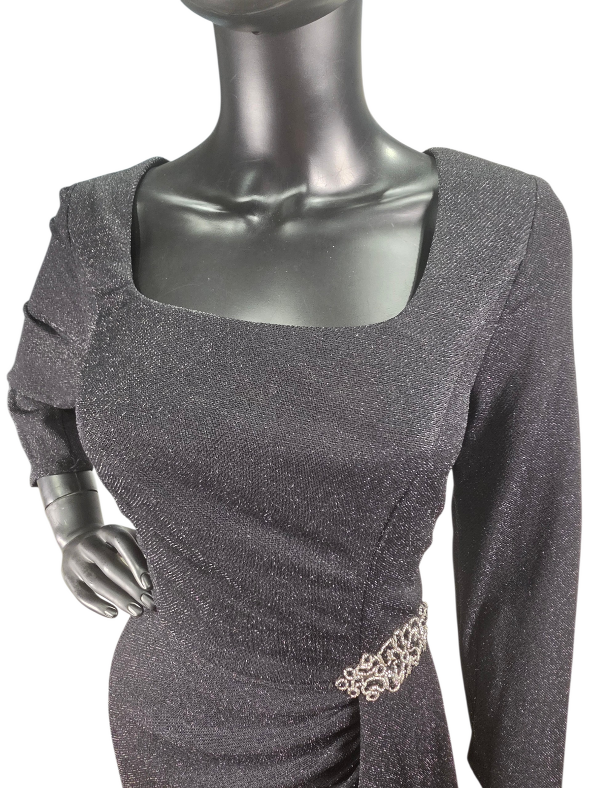Black Shimmer Stretch Side Ruched With Gold Accented Scoop Neck Formal/Moms Dress - Alex Evenings