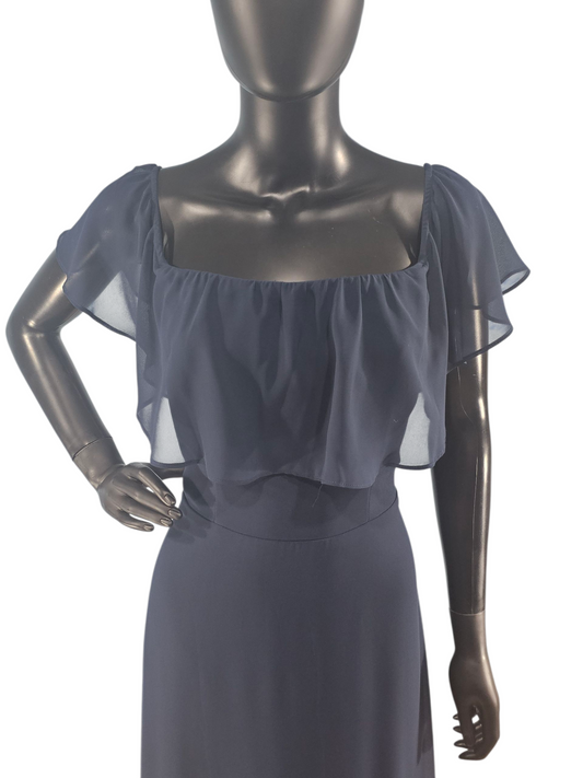 Navy Chiffon Flutter Sleeve Formal Dress - Bill Levkoff