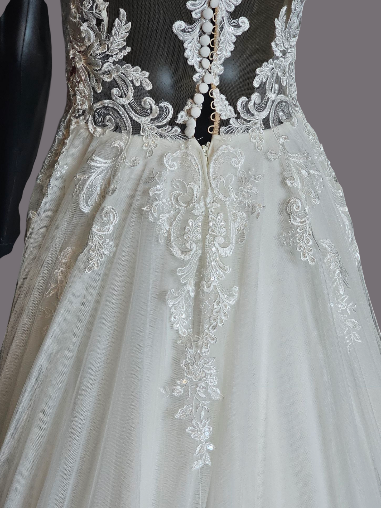 Sheer Bodice Lace Applique Illusion Plunge Wedding Gown - Justin Alexander