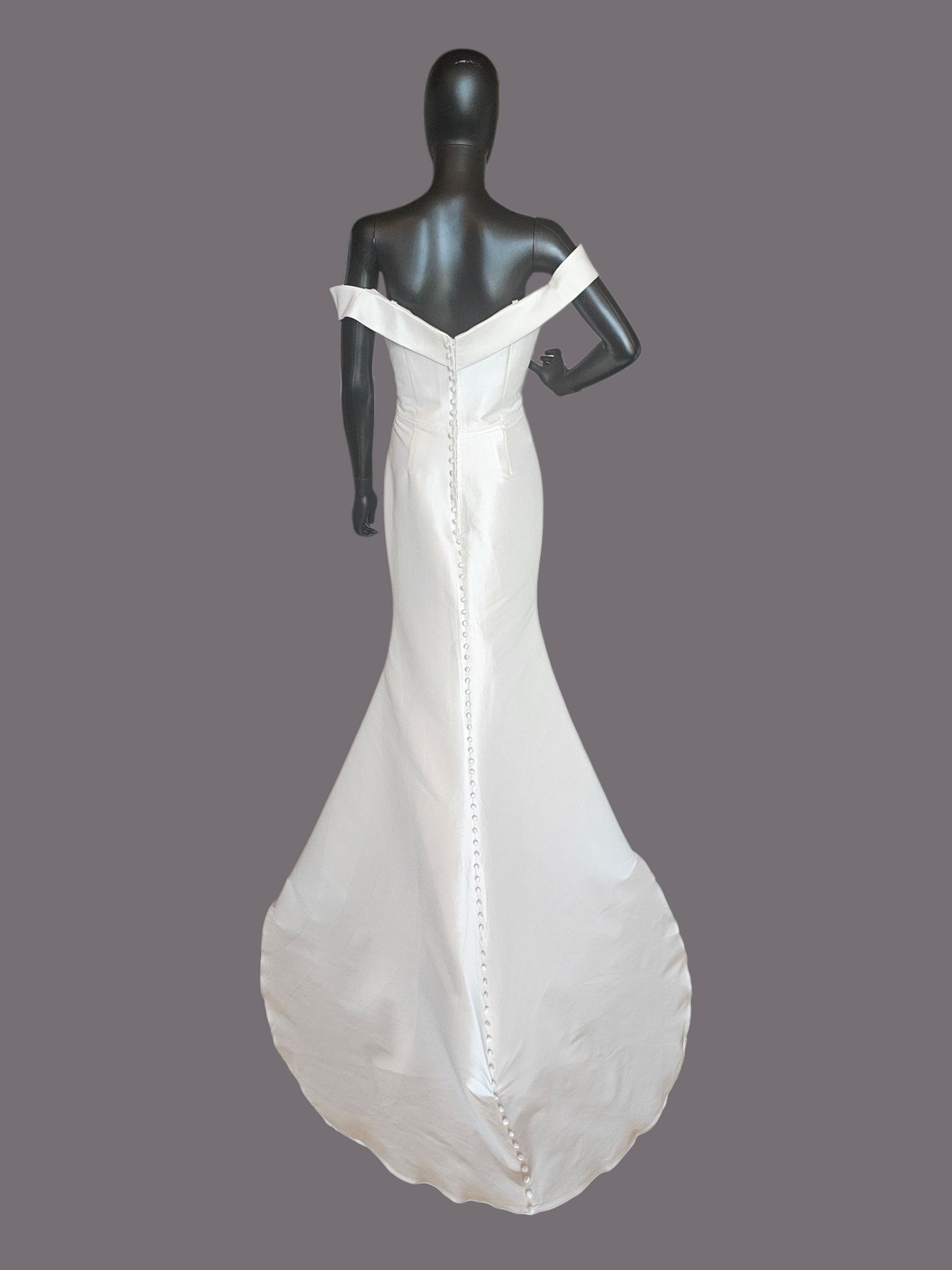 Ivory Satin Twill Fit-Flare Off Shoulder Wedding Gown - Allure Bridals